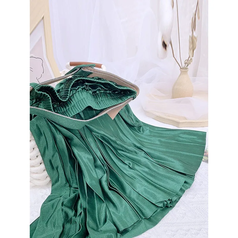 Tinaa Elegant Satin Pleated Skirt Female 2026 Stylish A-line Solid Color High Waist Officewear Elegant Skirt with Belt 120694