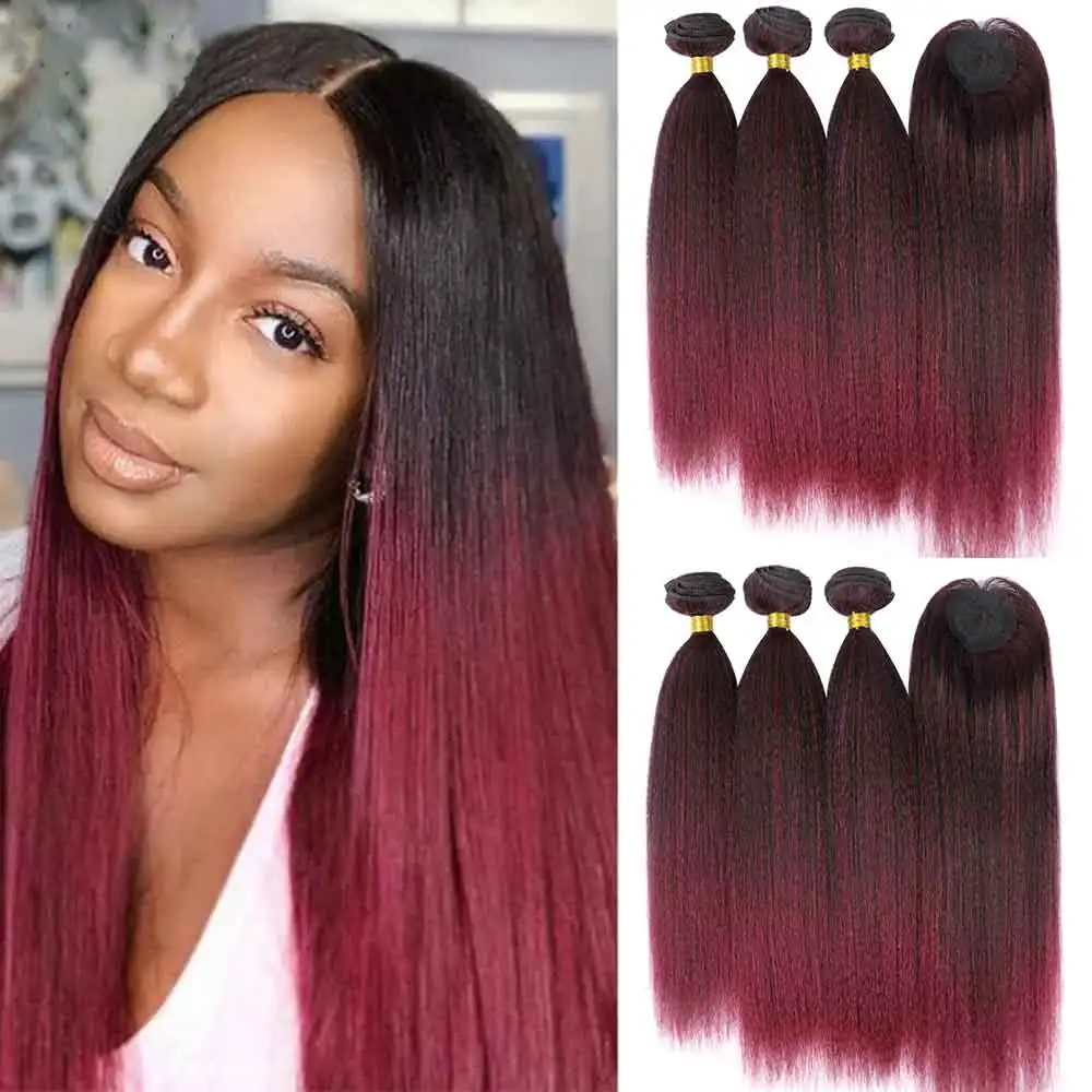 Extensiones de pelo ondulado Yaki baratas con cierre, fibra resistente al calor, extensiones de cabello sintético negro degradado y marrón para mujer
