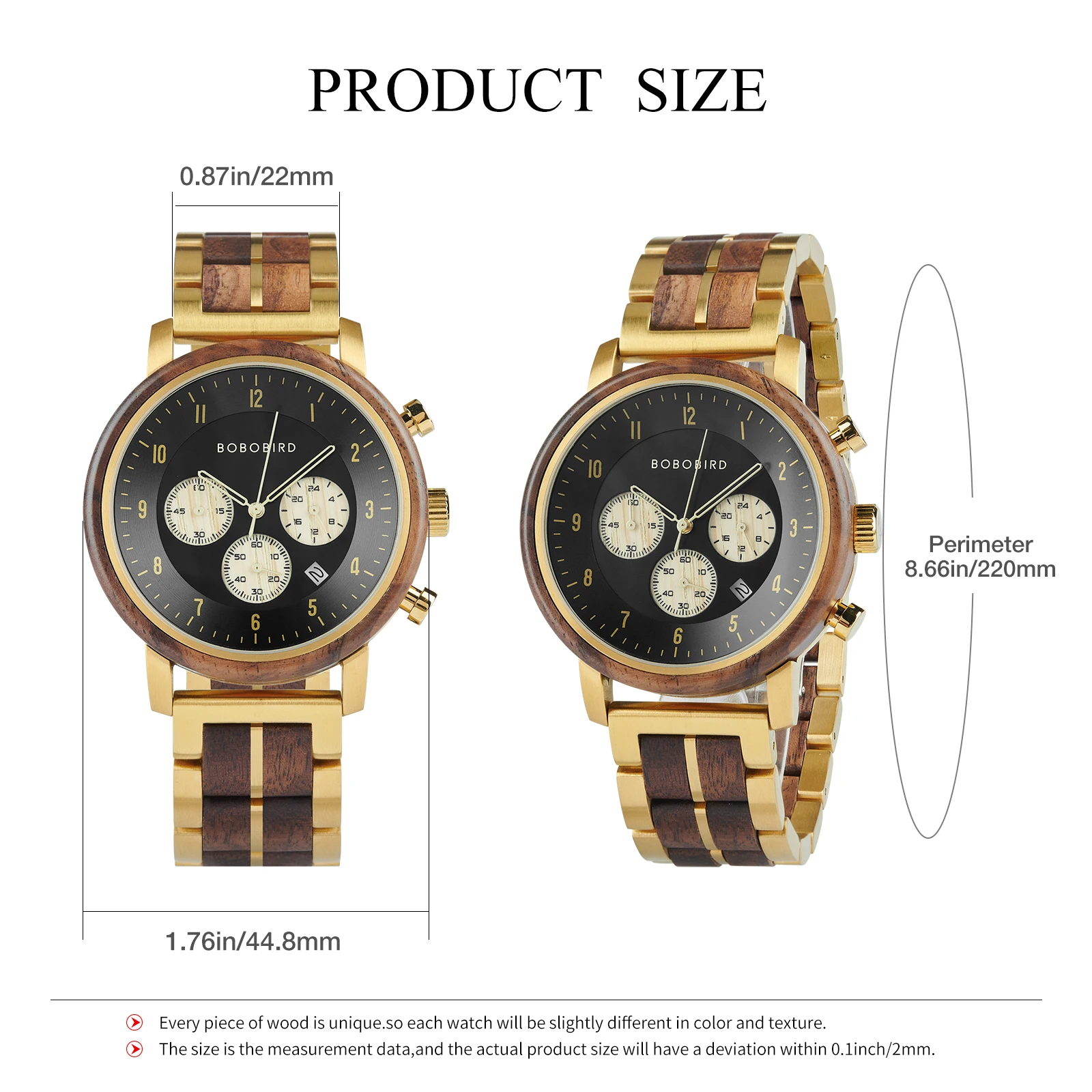 Orologio da uomo in legno di lusso BOBO BIRD Movimento giapponese Nome personalizzato Cassa posteriore Testo Orologio da polso al quarzo Orologio cronografo dorato