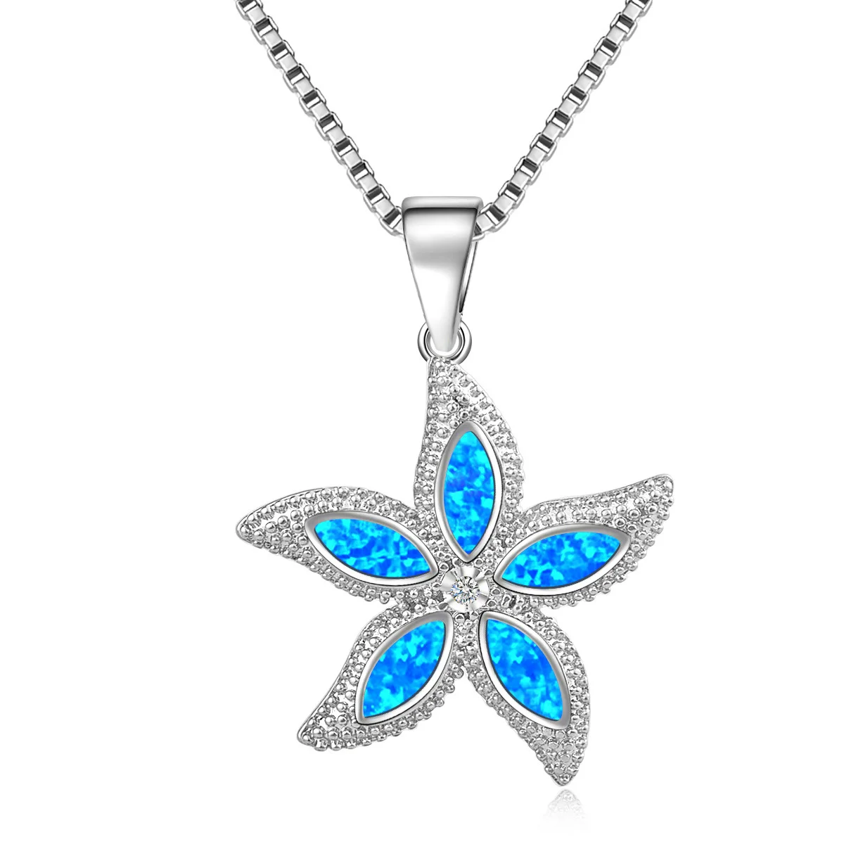 قلادة أنيقة على شكل نجم البحر، فضية مع أوبال أزرق وزركونيا مكعبة، سلسلة هدية مجوهرات المحيط الرائعة قابلة للتعديل للنساء