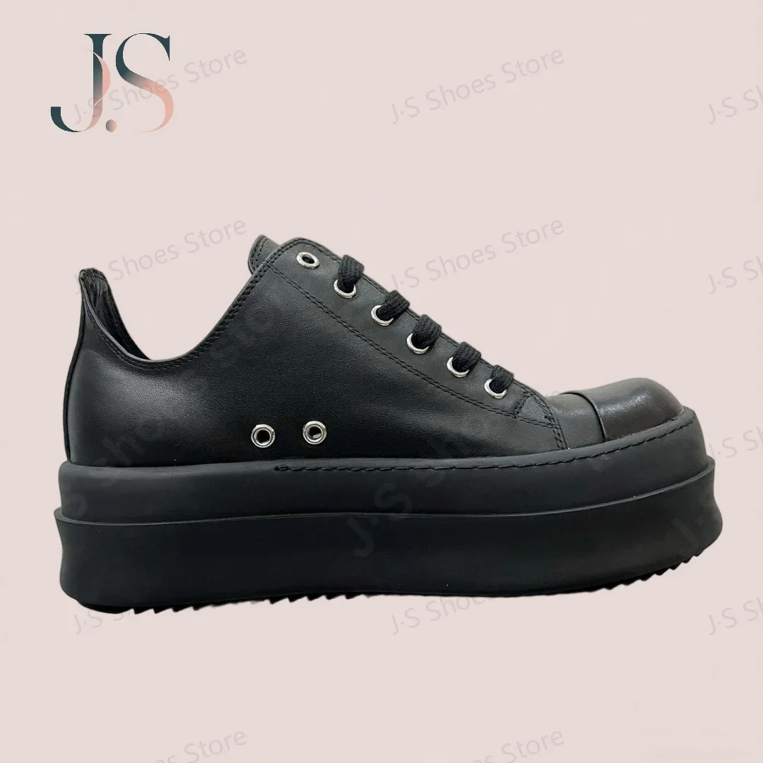 

Ro Luxury Men Shoe Women Sneaker Black Leather Low Top Casual Shoes Lace Up 6cm Thick Sole Pantshoes Black Cowhide Flat Sneakers