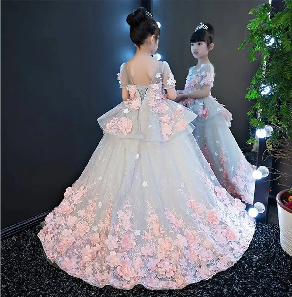 Maßgeschneiderte Luxus-Geburtstagskleider für Babymädchen O-Ausschnitt Rückenfreies Blumenmädchen-Festkleid 3D-Blumen-Applikationen Ballkleider – Detail 5