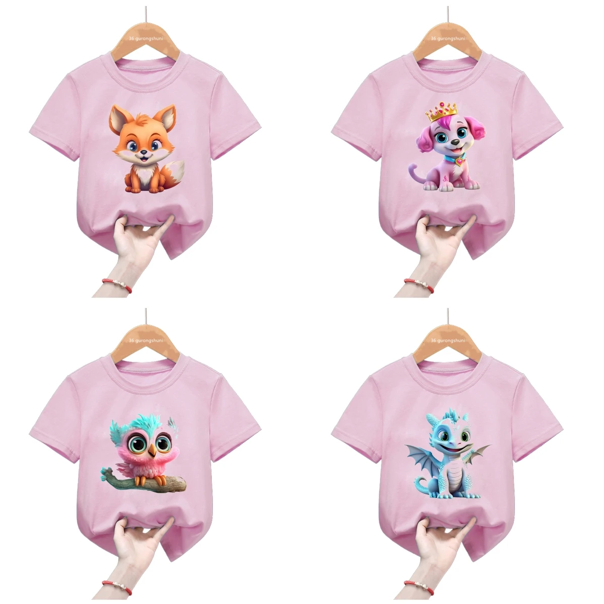 Pink Tops Kawaii Little Elephant Dragon Dog Fox Pink Owl T-Shirt Cartoon Animals T Shirt Gift Girls Kids Clothes Short Sleeve