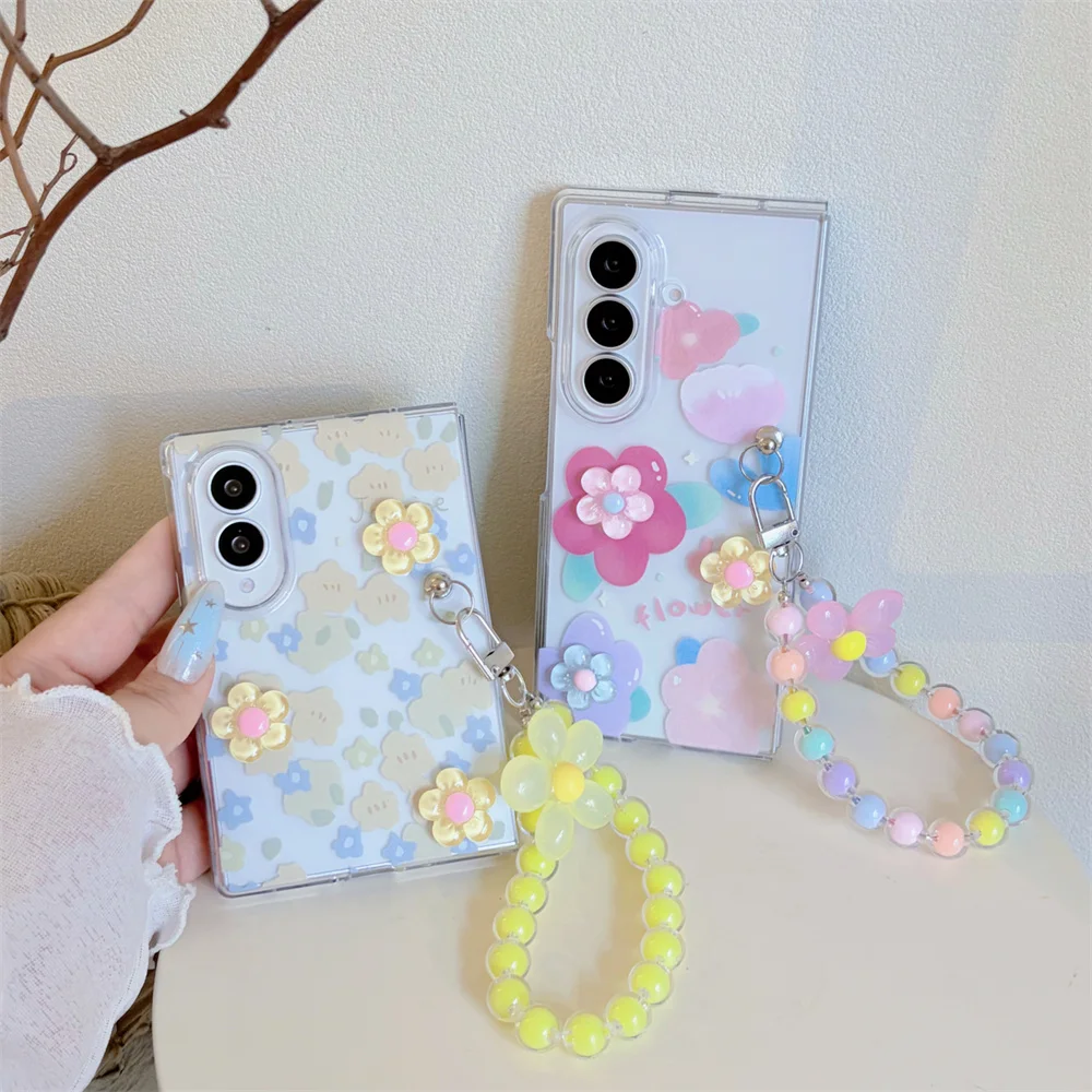 New Fashion Cartoon Colorful Flower stand Phone Case For Samsung Galaxy Z Fold 8 Ultra Z Fold 7 6 5 4 3 Shockproof Cover Chain