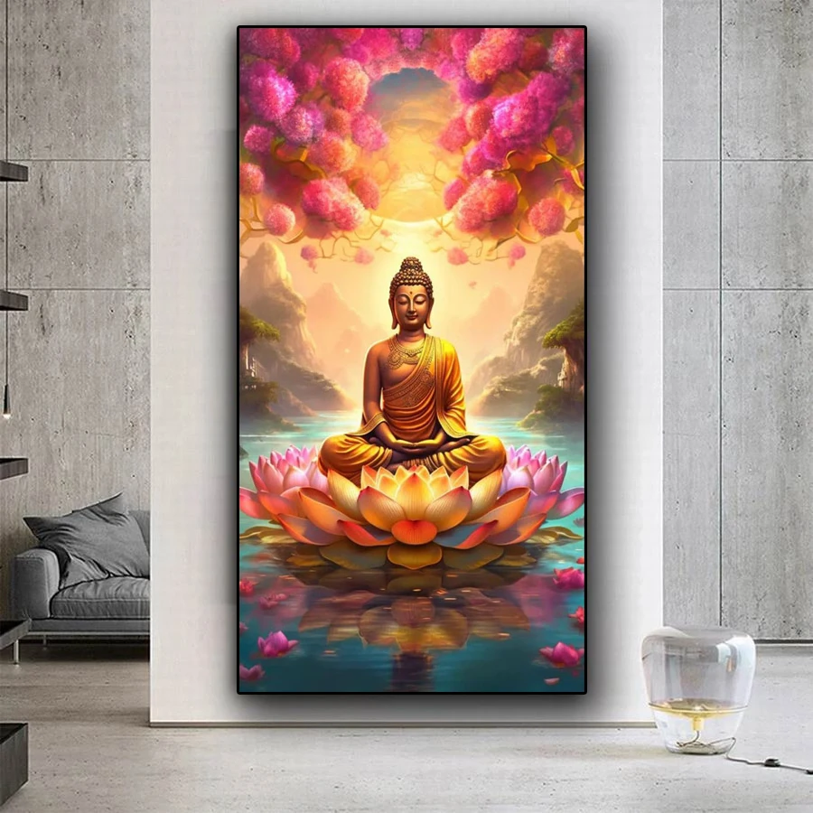 Fullcang Diy Large Size Diamond Painting Golden Buddha Lotus Flower Full Mosaic Embroidery Buddhist Icon Picture Wall Decor