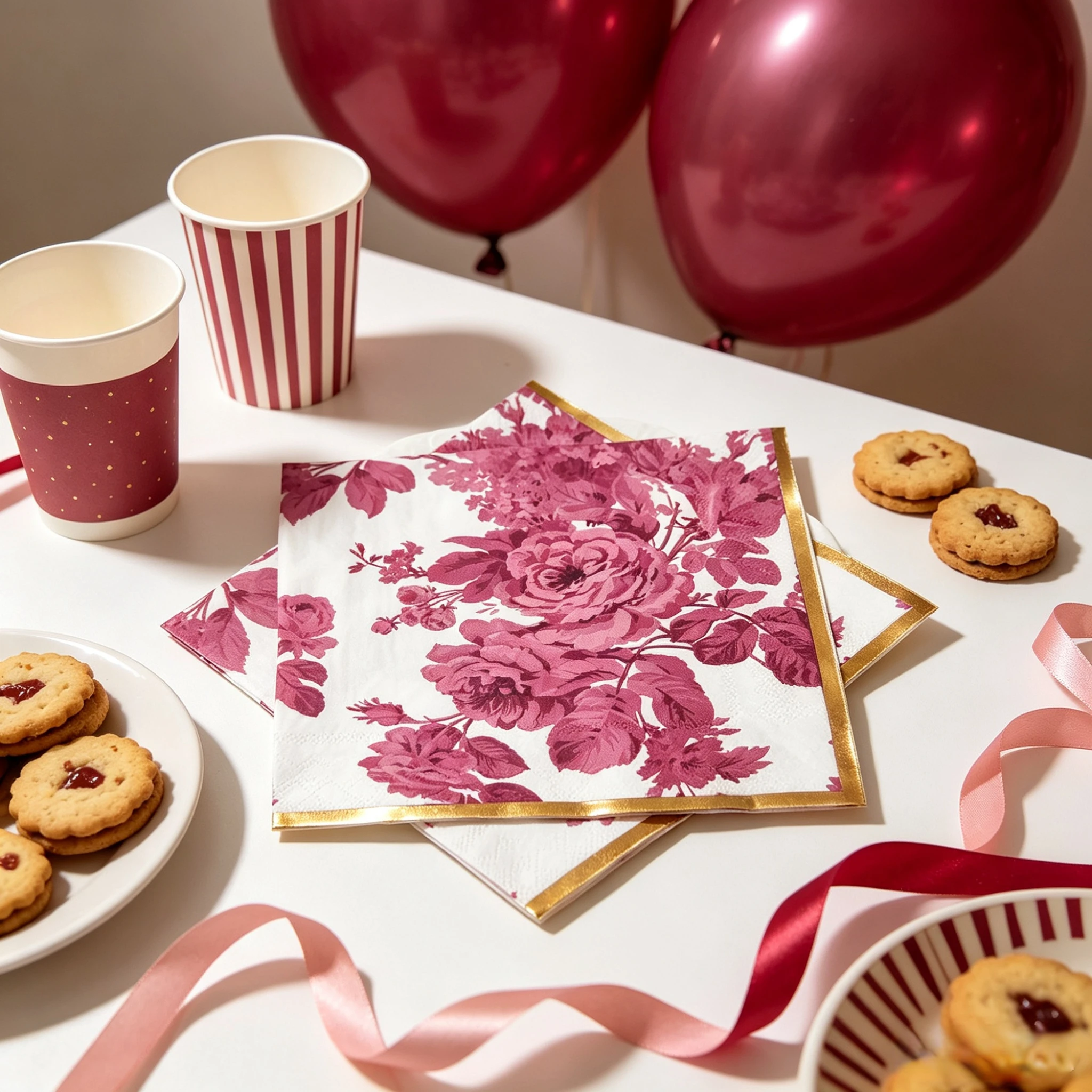 20 Count Gold Foil Burgundy Rose Printed Paper Napkins, Table Decors For Weddings, Bridal Showers & Afternoon Tea Parties