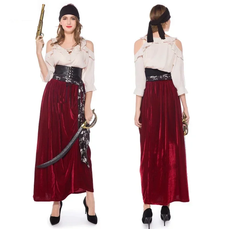 Women Caribbean Pirates Captain Costume Halloween Cosplay Suit Medoeval Gothic Fancy Woman Dress Anime Cosplay