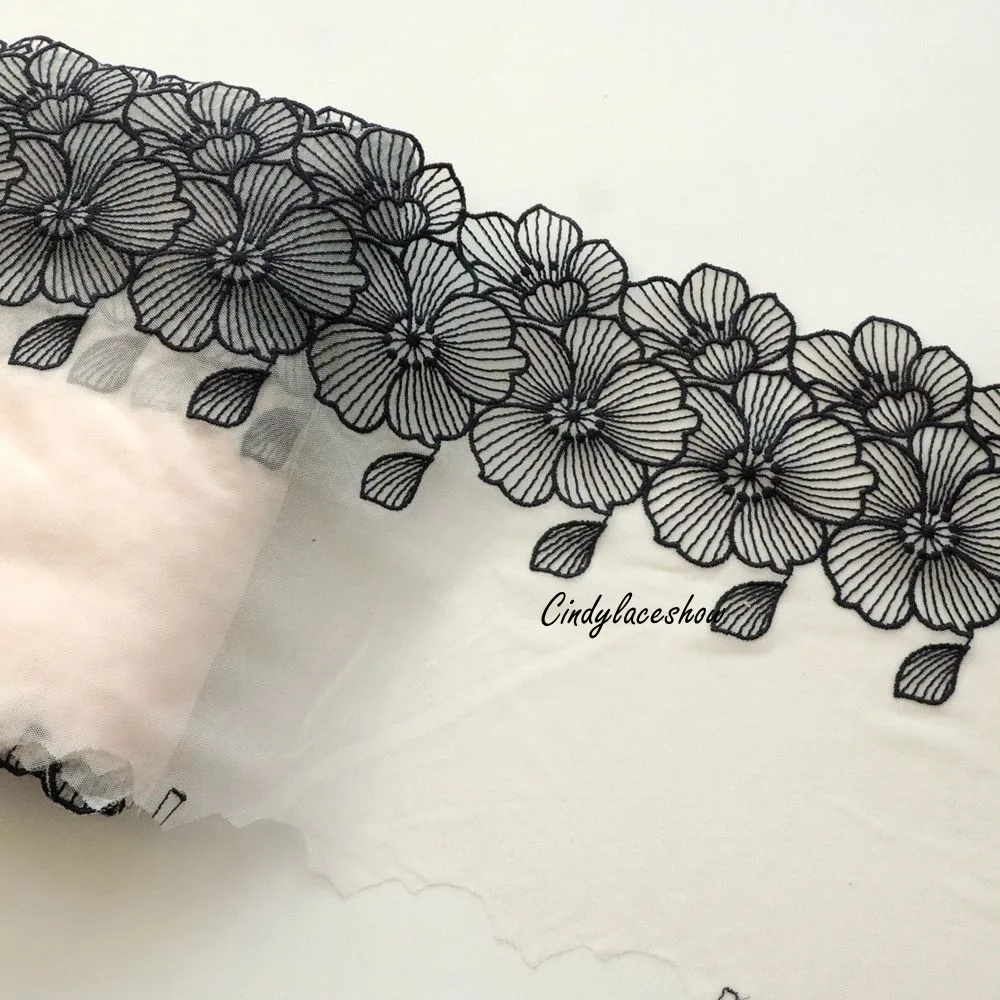 1Meter 19CM Width Black Flowers Embroidered Lace Trim Fabric Soft Pink Mesh For Bra Dress Sewing Garment Accessories Craft  DIY