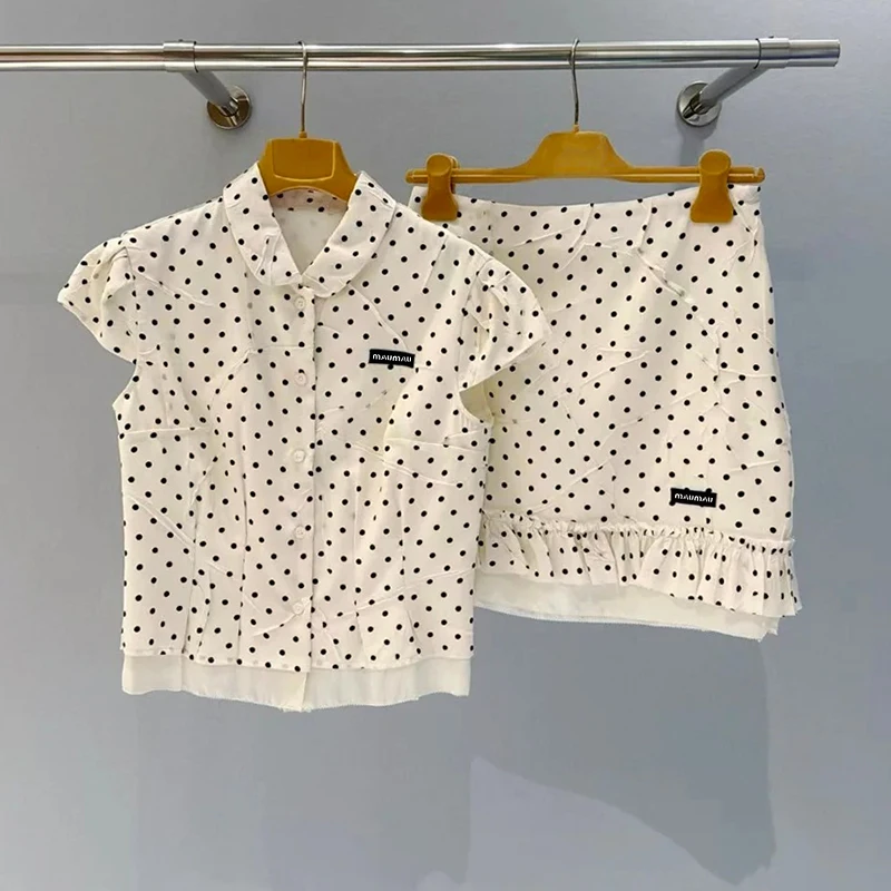 

High End Girls T-Shirt Set Patchwork Color Block Polka Dot Print Short Sleeve Neck Button up Two Piece Fashion Outfit