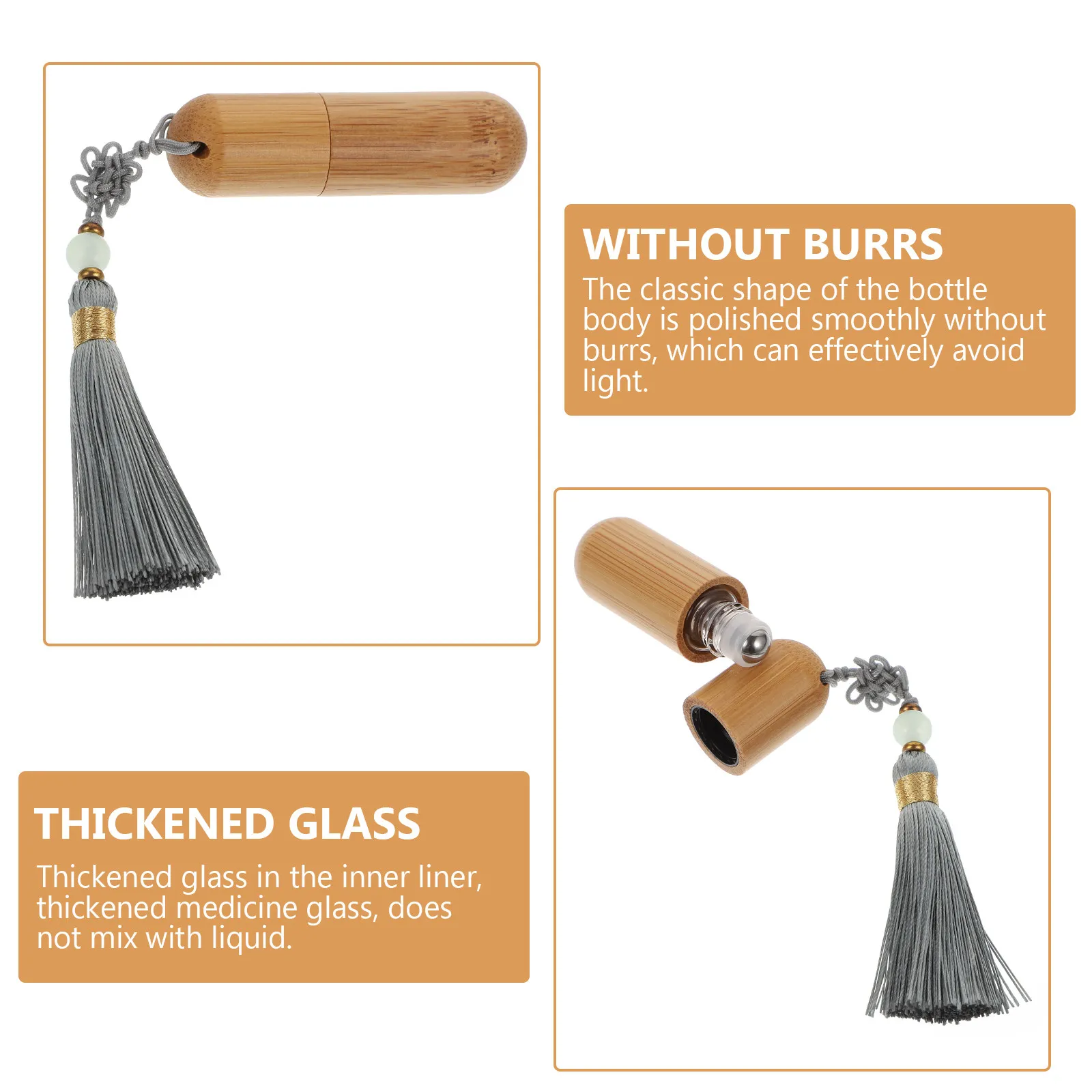 Bamboo Shell Roll-on Bottle with Thick Glass Body Stainless Steel Roller Ball Retro Chinese Tassel Design for Perfume Essential