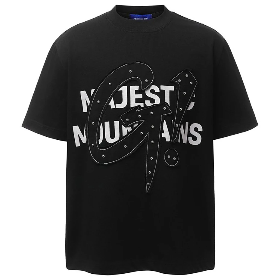 Men's T-shirt Casual Retro Gothic Punk Oversized Loose Distressed Embroidery Rivet Tshirts Tee Tops