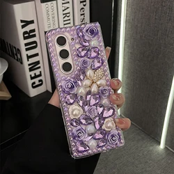 Luxury Bling Rhinestone Pearl Flower Phone Case For Samsung Galaxy Z Fold 7 6 5 4 3 Cute 3D Floral Purple Crystal Clear PC Cover