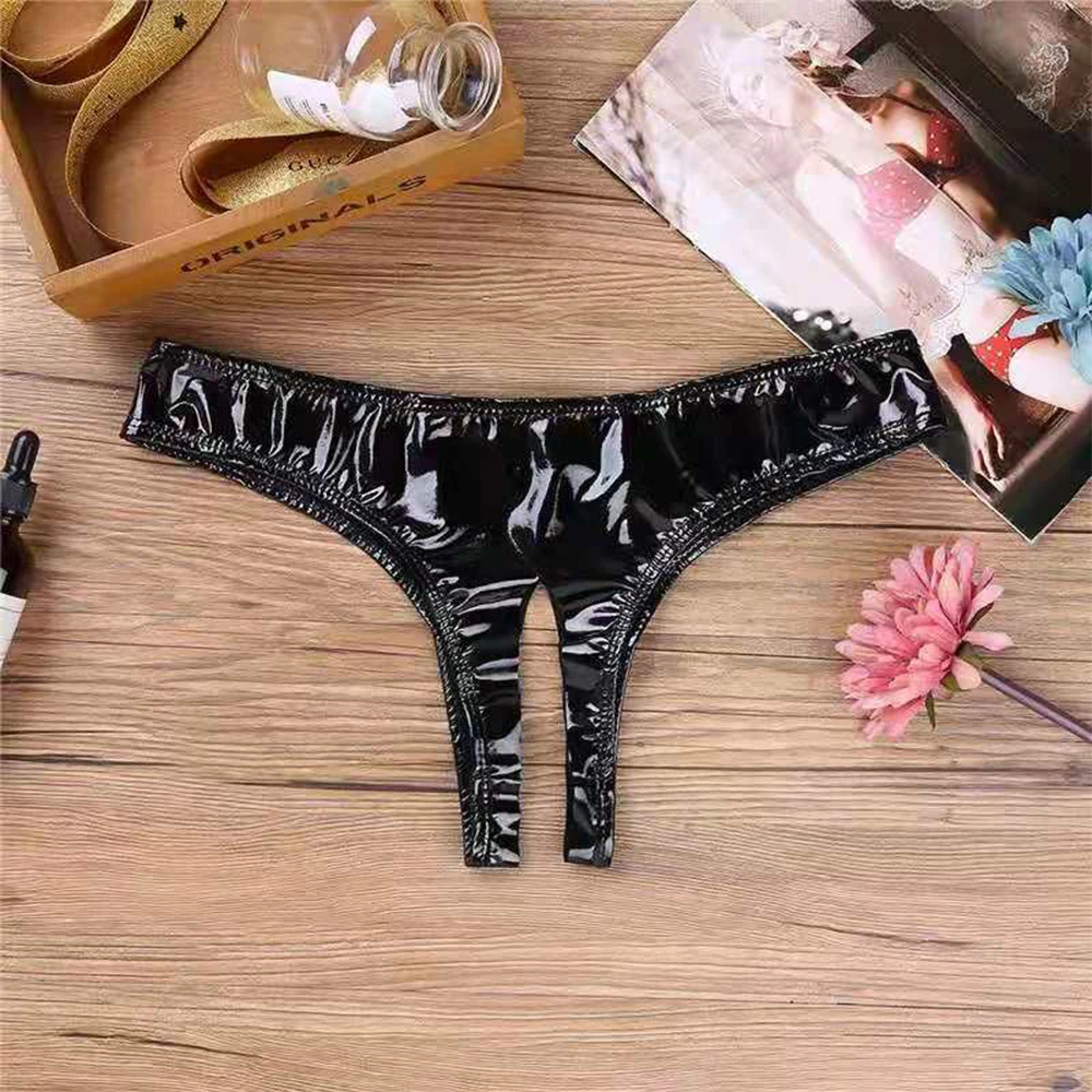 Womens Wet PVC Open Crotch Briefs Sexy Lingerie Crotchless Panties Party Clubwear Costume High Cut Mini G-string Culbwear A50