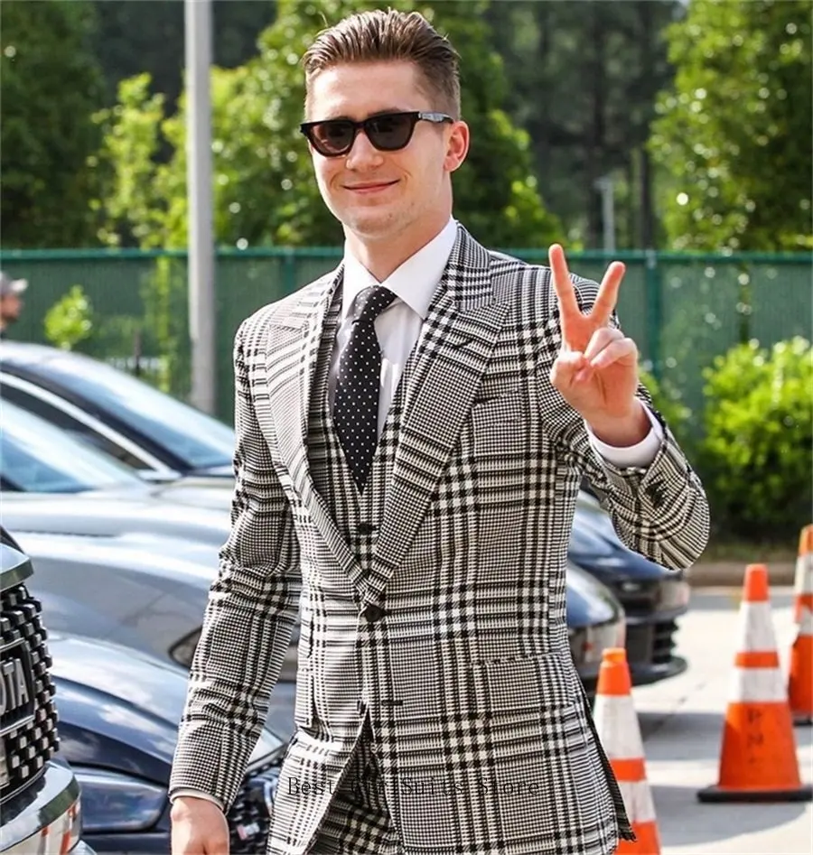 Traje a cuadros grises para hombre, ropa informal de oficina, esmoquin ajustado, 2 piezas (Blazer + Pantalones), botonadura única, Formal, para graduación y noche, hecho a medida