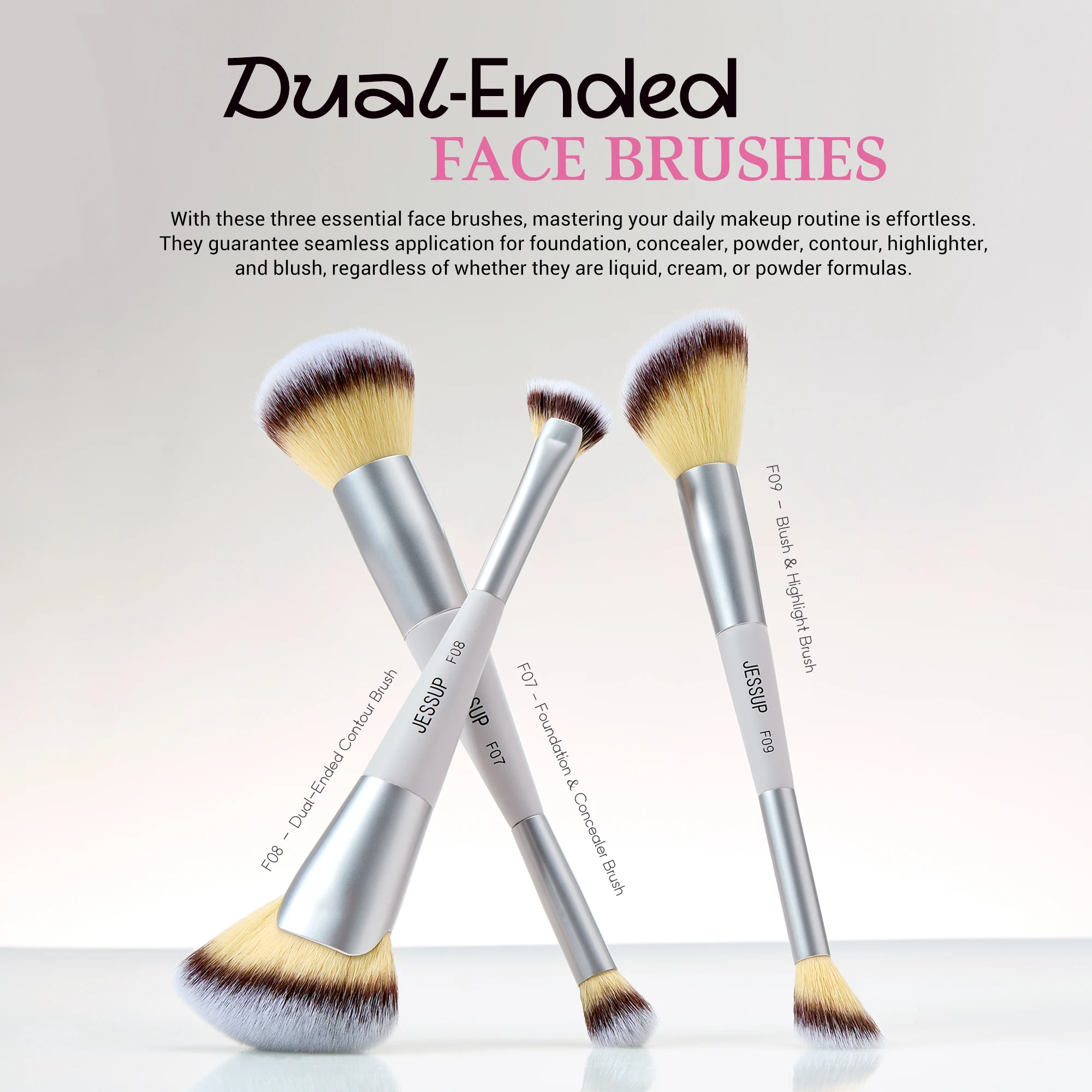 Jessup 3/7Pcs Makeup Brushes Set Dual-Ended Synthetic Foundation Blush Highlight Blending Eyebrow Brush with Carry Bag,T520 - view 3