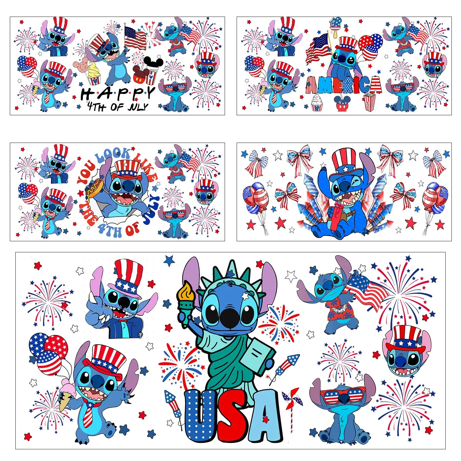 

Fourth of july Cute stitch Easy peel waterproof DIY Decals 3D transfers uvdtf stickers 16oz uv dtf tumbler cup wraps sticker