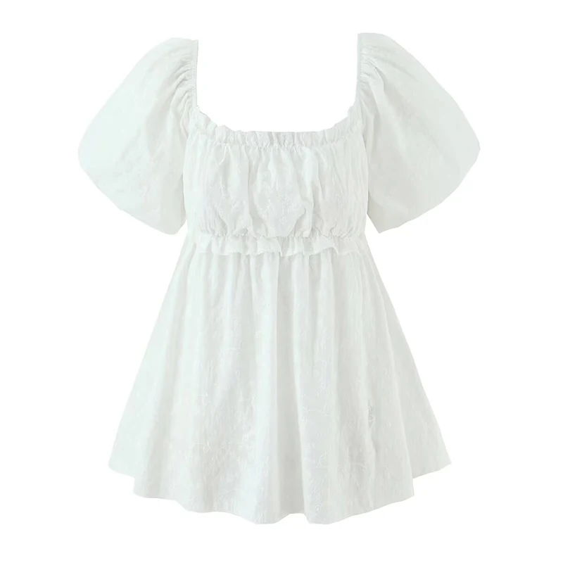 

YENKYE Sweet Puff Sleeve White Blouse Women Sexy Square Neck Floral Embroidery Summer Tops Cotton