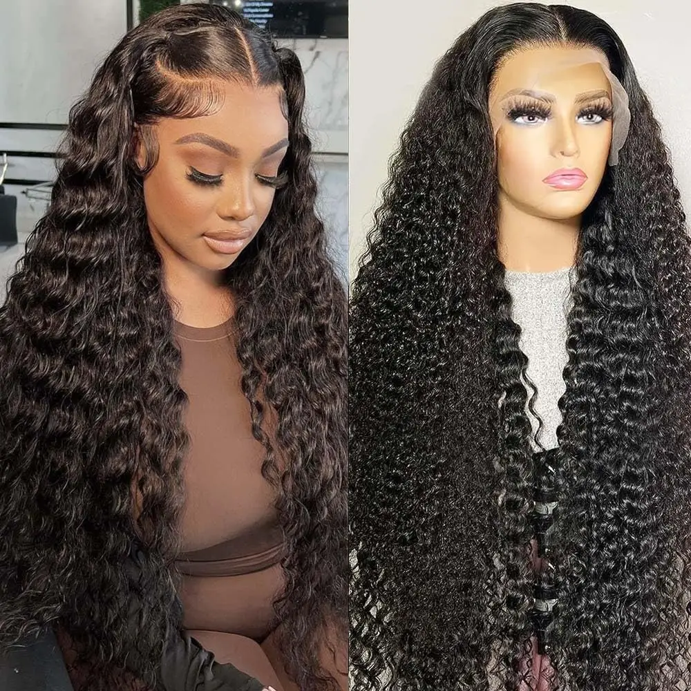 Natural Black Deep Wave Human Hair Wig 13x4 13x5 13x6 HD Transparent Lace Front Wigs 190% Water Wave Curly Wigs