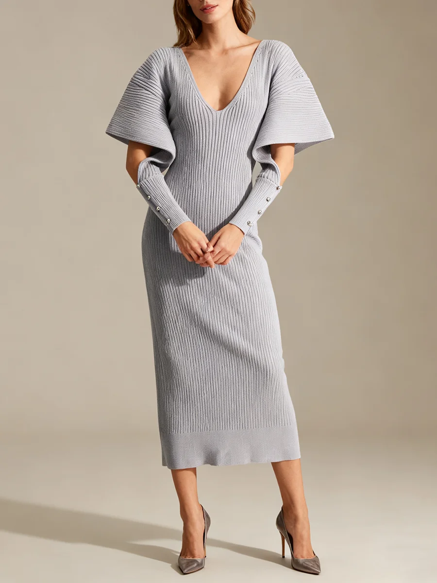 VGH Sexy Fashion Party Irregular Sleeve Mid Dress for Women Deep Neck Patchwork Cut Out Designer Knitted Bodycon Dresses Female