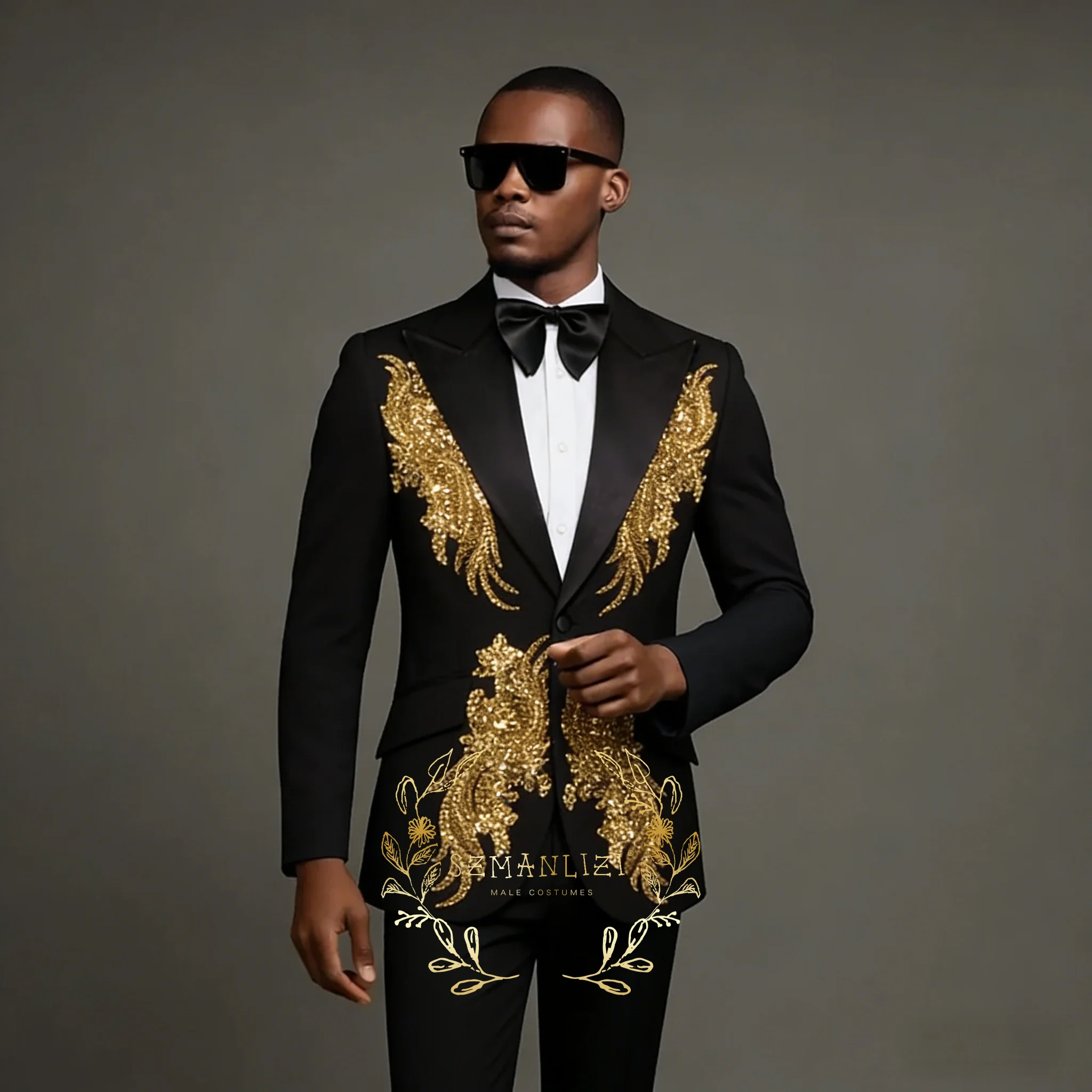 Luxury Gold Beading Crystals Black Men Suits Groom Wear Terno Masculino 2 Pieces Set Slim Fit Tuxedos For Wedding Party Blazer