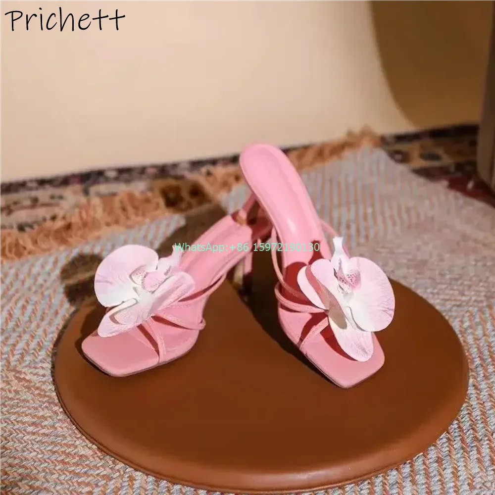 

Gradient Flower Kitten Heels Slippers Narrow Band Slip On Mixed Color Light Pink Shoes Ladies Outdoor Sweet Vocation Shoes