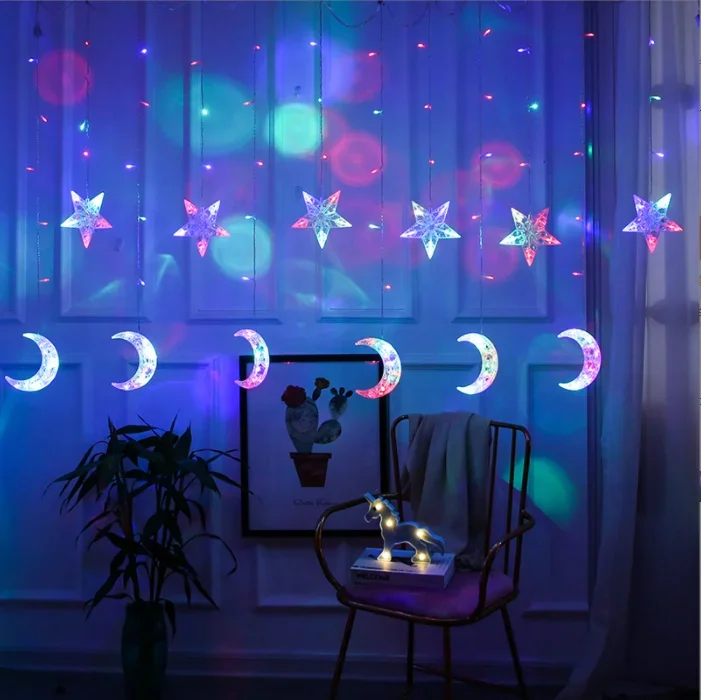 Outdoor Garland Wall Window Crystal Star Moon Fairy Wedding Room Party String Lights Ramadan Decorative Led Curtain Lights