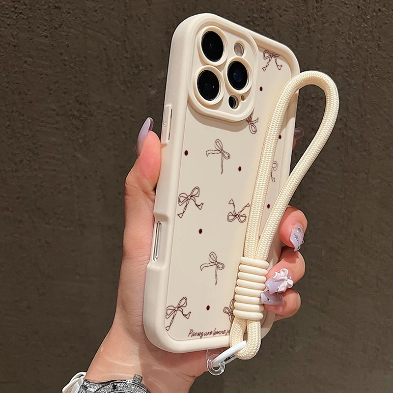 Cute Polka Dot Bow Pattern Soft Lanyard Phone Case For iPhone 17 16 15 Pro Max 14 13 12 11 16E X XR XS 7 8 Plus Silicone Cover - náhled 4