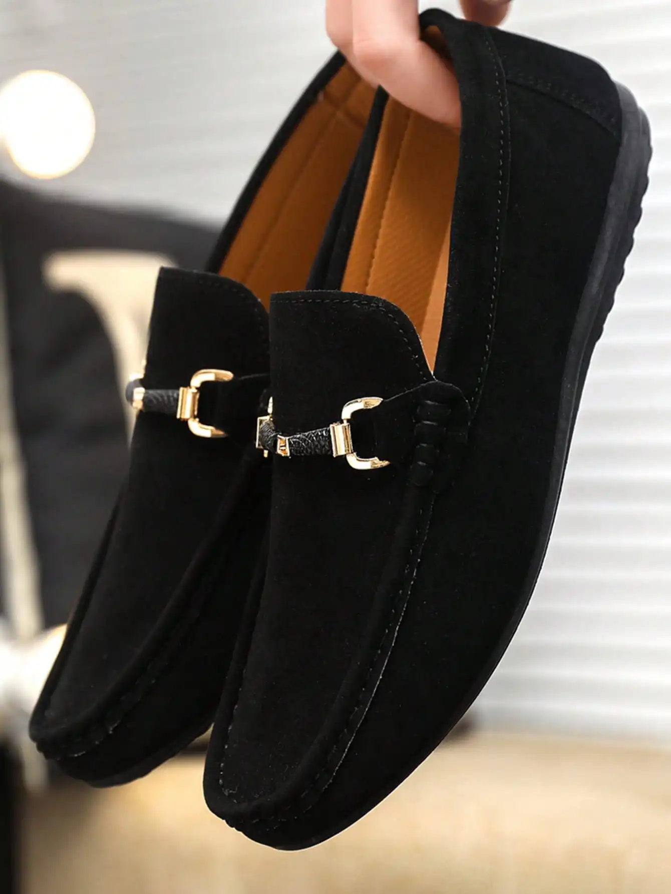 

Men's Black Suede Loafers with Gold-Tone Buckle Detail, Slip-On Casual Shoes for Autumn