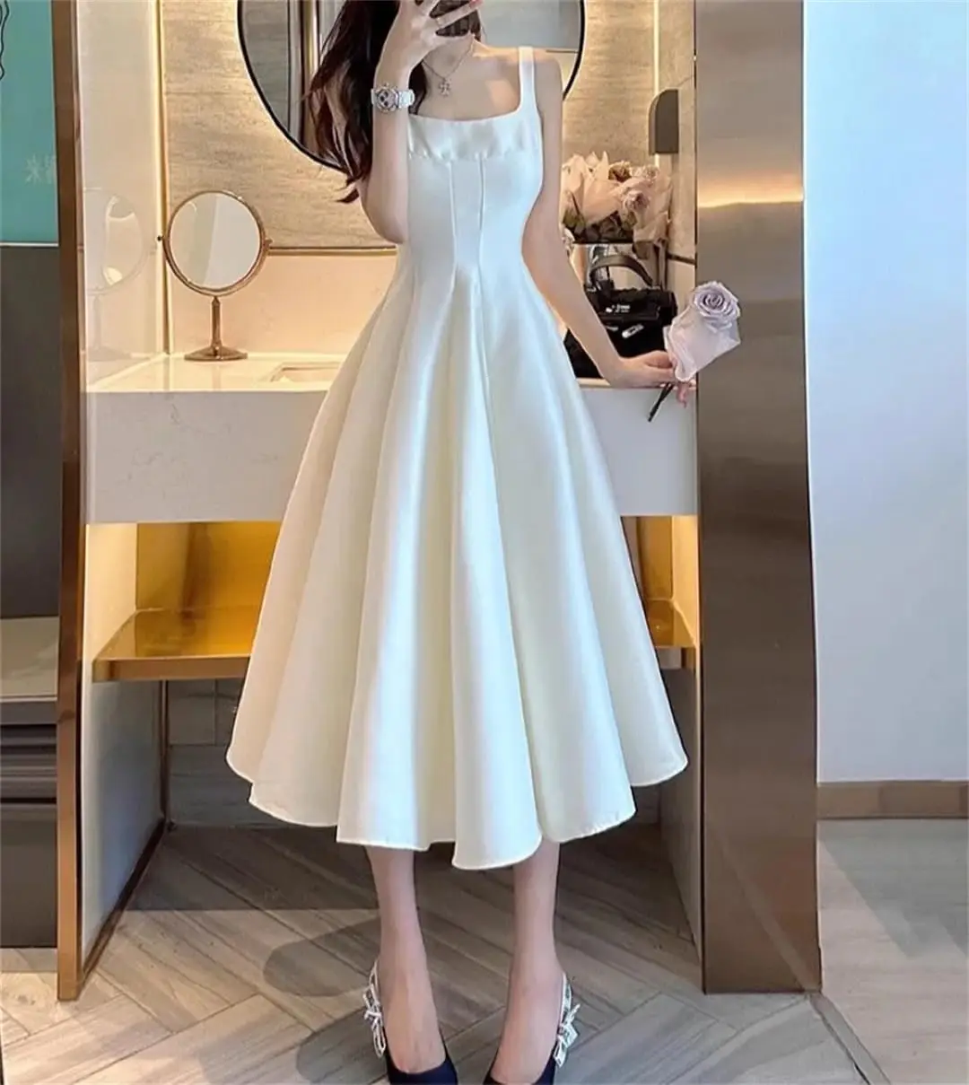 

Elegant Sleeveless Ball Gowns Lady Retro A Line Formal Evening Dresses Midi Long Party Satin Floor-Length Party Formal Gowns