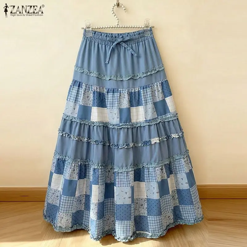 ZANZEA Oversized Long Maxi Skirts Print Patchwork Bottoms Summer Women Casual Loose High Elastic Waist Fashion Jupes Faldas Saia