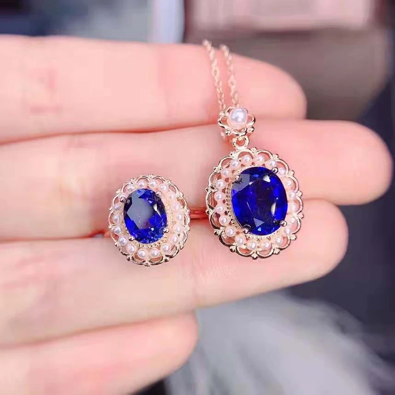 

Natural Sapphire Ring Pendant Necklace Set S925 Sterling Silver Fashion Exquisite Wedding Jewelry Women Free Shipping