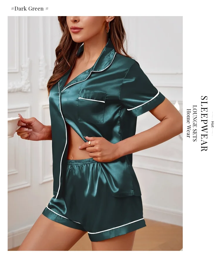 Luxuriöser Satin-Pyjama für Damen, Umlegekragen, Knopfleiste und Shorts, Nachtwäsche und Loungewear für den Sommer, Heimkleidungsanzug – Detail 23