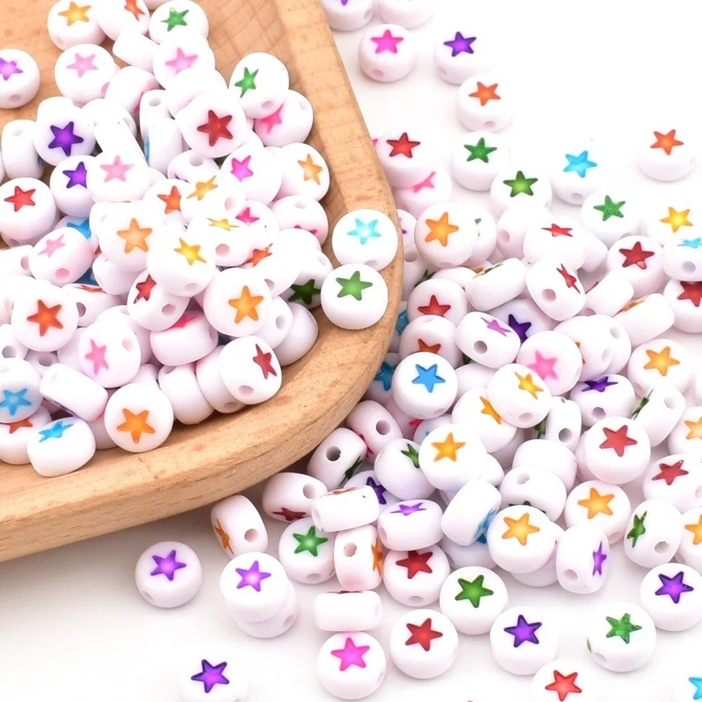 50pcs/lot 7*4*1mm DIY Handmade beading Acrylic beads Round white background colored star beads for jewelry making