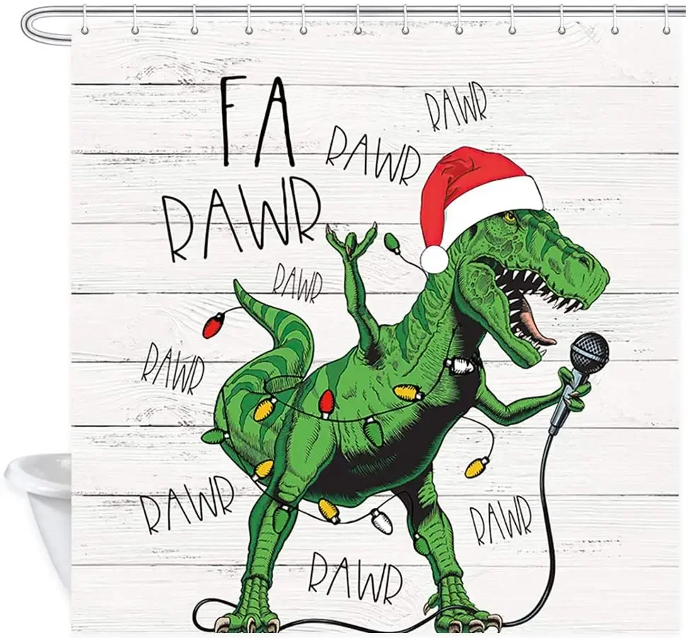 Funny Christmas Shower Curtain, Cute Dinosaur in Santa Hat Singing Merry Christmas for Kids Children