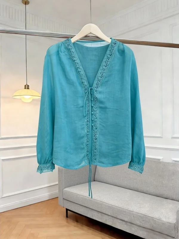 

New 2026 Peaco Blue Long Sve V-Ne Women's irt Ele Beautiful Maturi Casual Loose Sle Spring Faion Ladies' B...