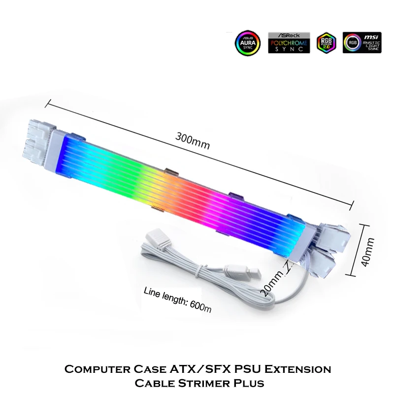 Computer Case ATX PSU  8Pin/24Pin Extension Cable Strimer Plus,Not Lian Li,Rainbow ARGB 5V M/B SYNC,Silicone Cover