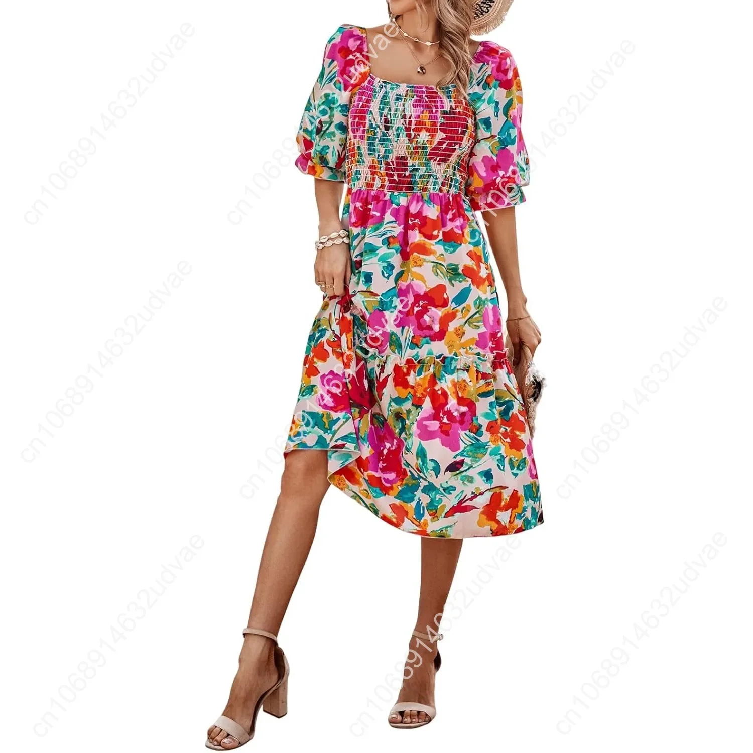 

2025 Summer Casual Dresses Women's Spring Puff Sleeve Square Neck A-line Flowy Boho Floral Smocked Midi Dress
