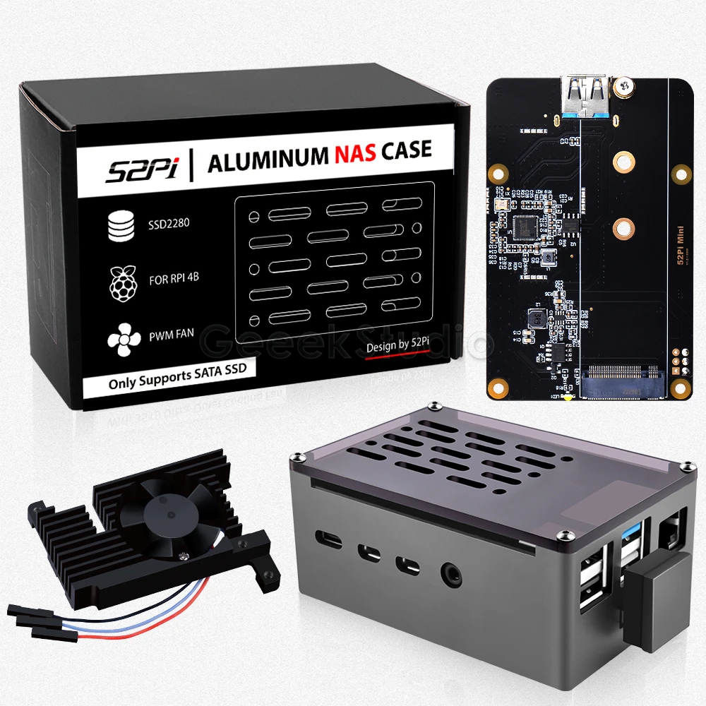 Carcasa de ladrillo de aluminio para Raspberry Pi 4 modelo B, carcasa negra con ventilador de refrigeración 3510, placa adaptadora M.2 SATA SSD para RPI 4B