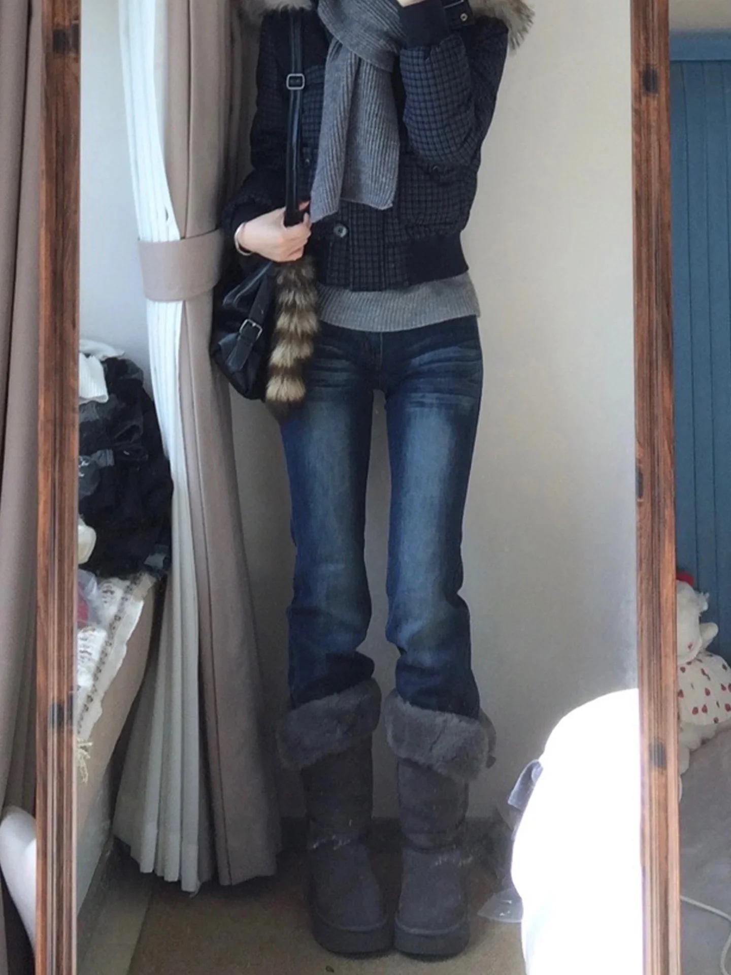 Retro americano waed fce forrado bell bot jeans feminino inverno novo sle pêra ape fino ajuste vintage azul jeans