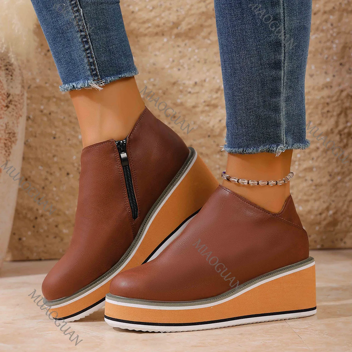 

Fashion Women's Wedge Sneakers Chunky Platform Comfort Side Zipper Casual High Heels Leather Vulcanized Shoes for All Seasons