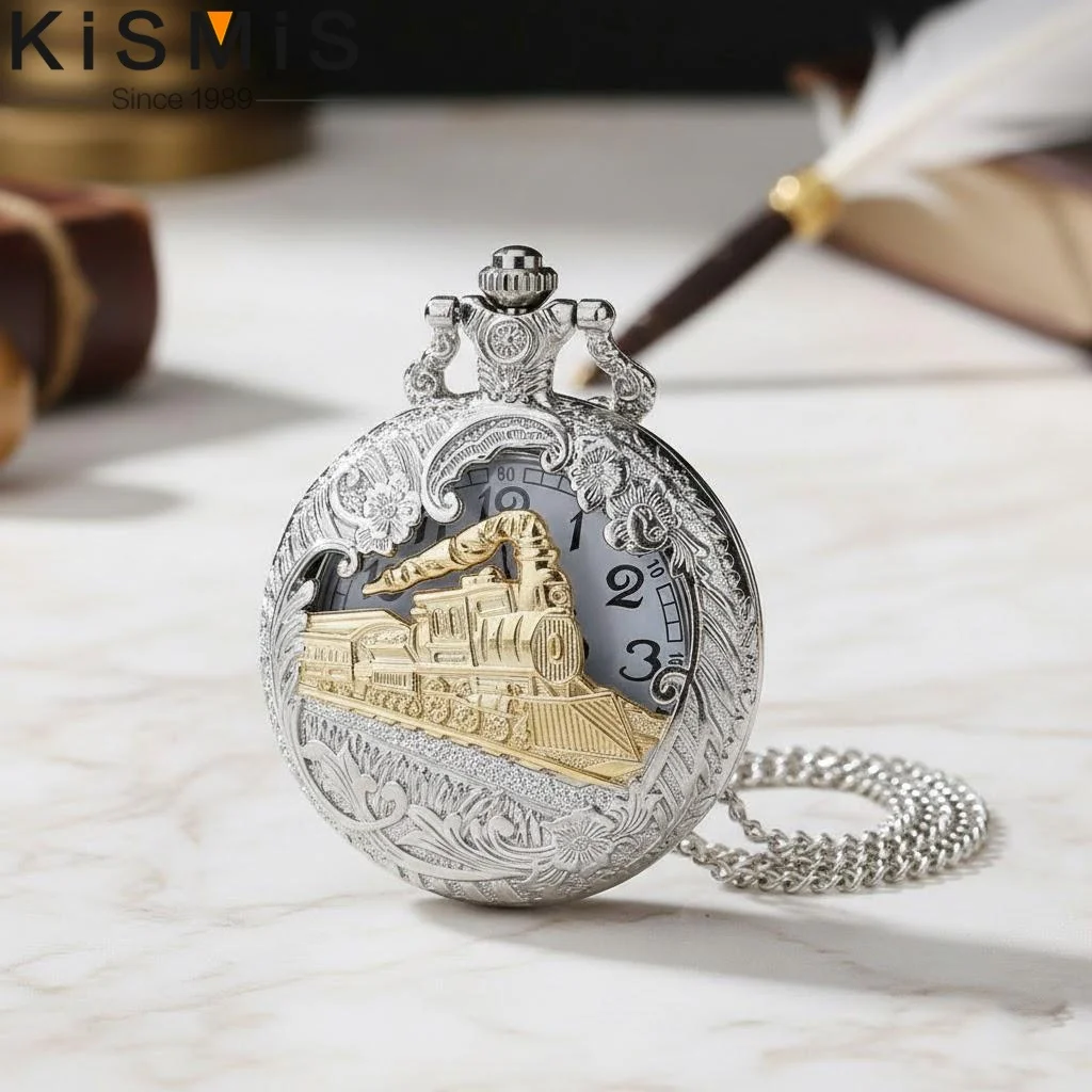 

Vintage Antique Chain Quartz Pocket Watch Roman Numerals Skeleton Case Round Steam Train Locomotive Pendant Watch for Men Women