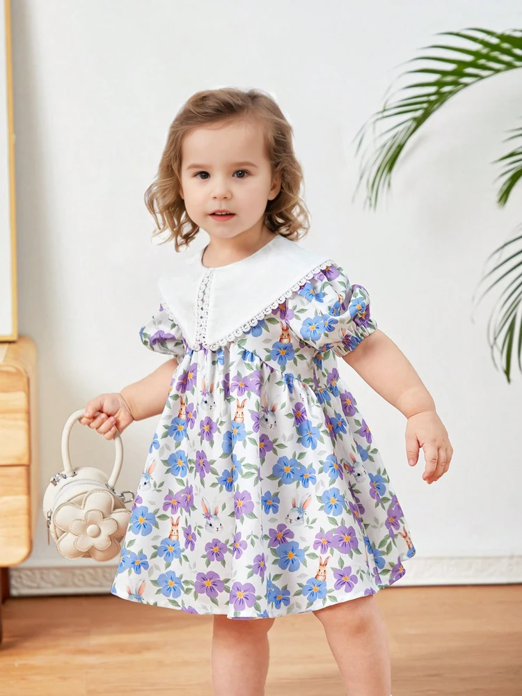 Baby girl child summer style sweet princess dress Korean version broken flower foreign style dress