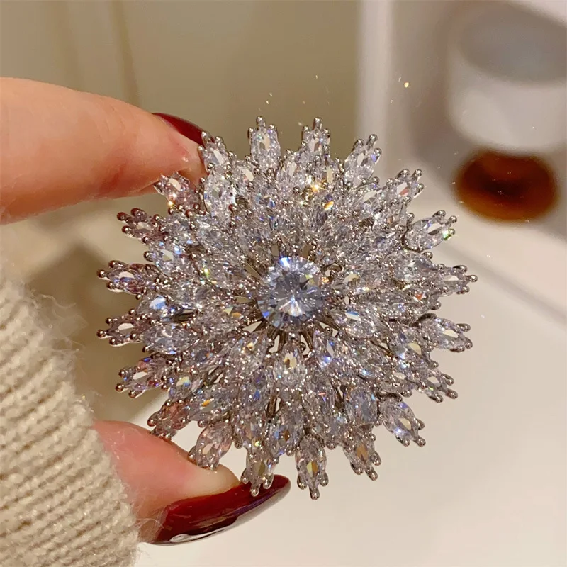 Luxury Oversized Multi-layer Cubic Zirconia Snowflake Brooches for Women Freshwater Pearl Camellia Corsage Suit Accessories Pin