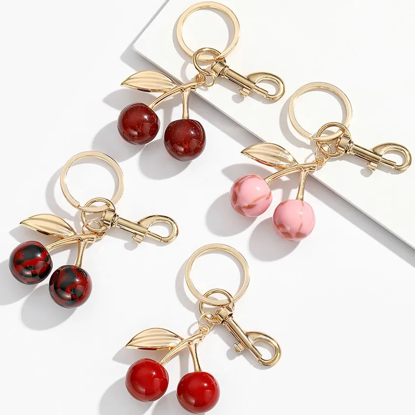 Retro Fashion Leopard Red Cherry Keychain Sparkling Pink Fruit Cherry Bag Pendant Car Keychain Gift Wholesale