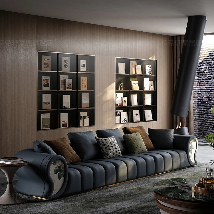 &Italian Leather Light Luxury Sofa Set Modern Designer Simple Curved New Import for Villa Living Room Sponge Filling Material