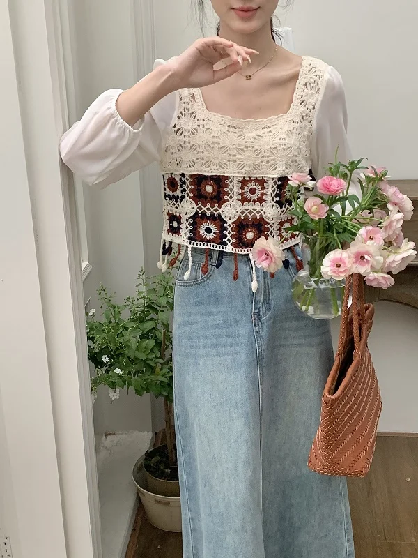 Granny Square Crochet Top Women Square Neck Long Sleeve Open-Knit Embroidery Floral Blouse Summer Fairycore Cottagecore Outfit