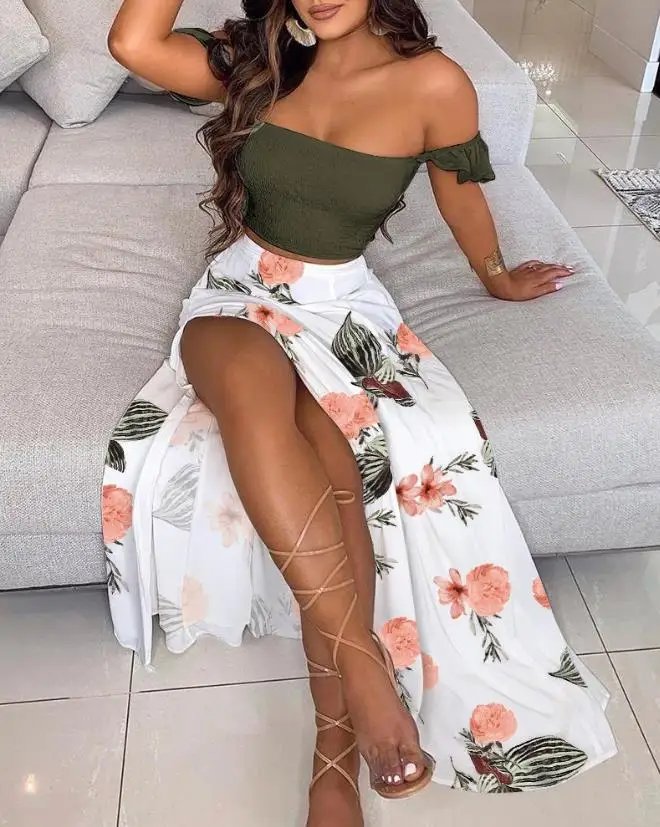 2023 Spring/summer New Hot Selling Women's Off Shoulder Flat Corner Top and High Split Flower Print Maxi Dress Set