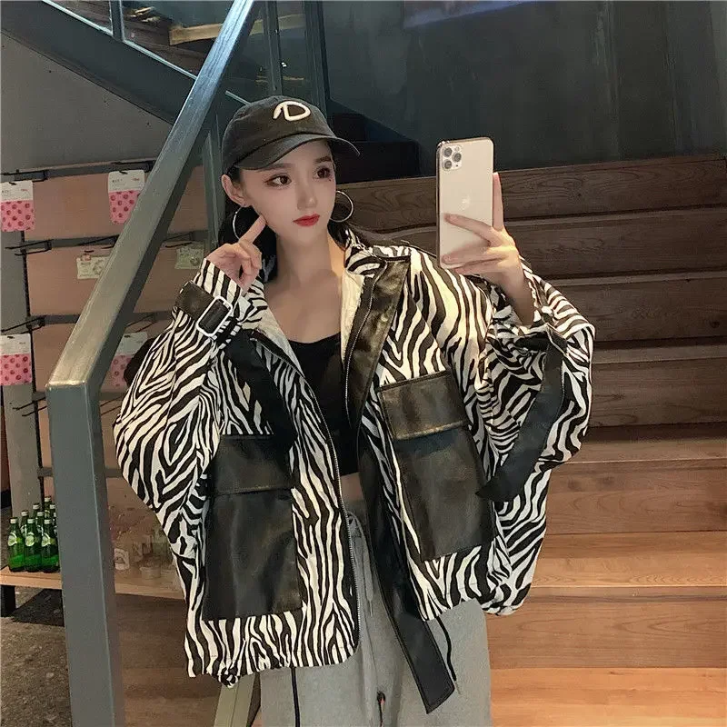 Women's Zebra Print Patchwork Leather Jacket, Bat Type, Loose Coats, Big Pocket, Personality, Spring and Autumn Clothes, Korean