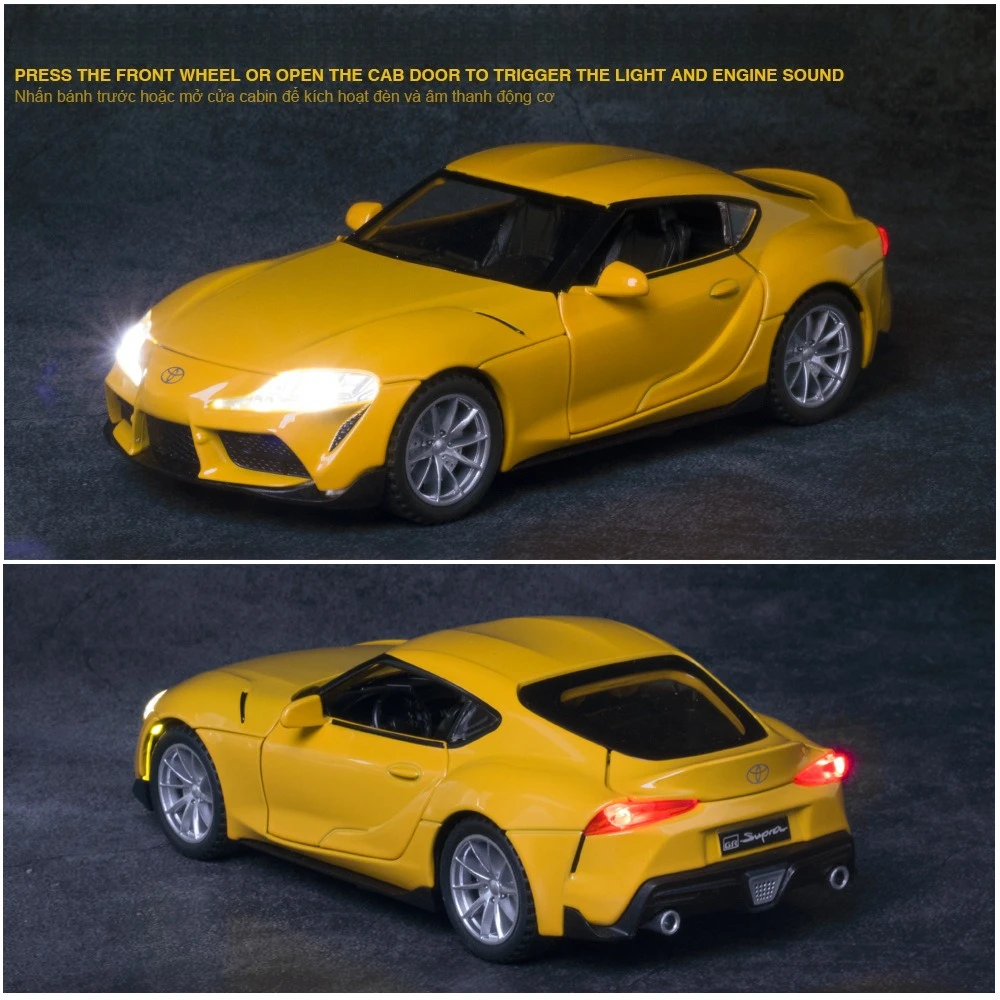 1:32 GR Supra Sport Car, precyzyjny model z odlewu metalowego, symulacja dźwięku i świateł, napęd na sprężynę, zabawka kolekcjonerska dla dzieci, prezent