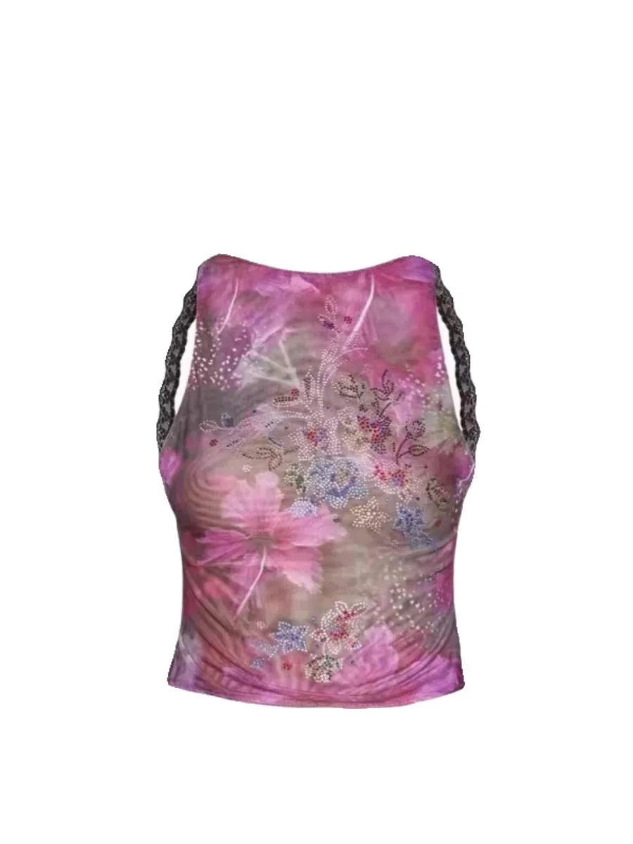 Jaded London Spring/Summer new diamond embedded printed vest short sexy halter top